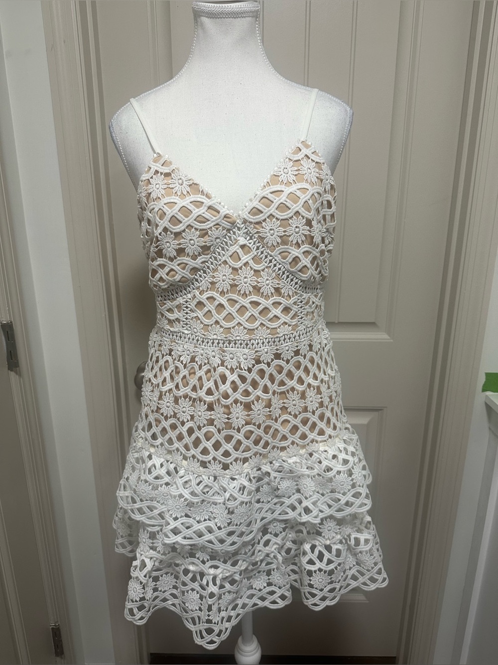 Just Me Cream Crochet Lace Mini Dress with Spaghetti Straps